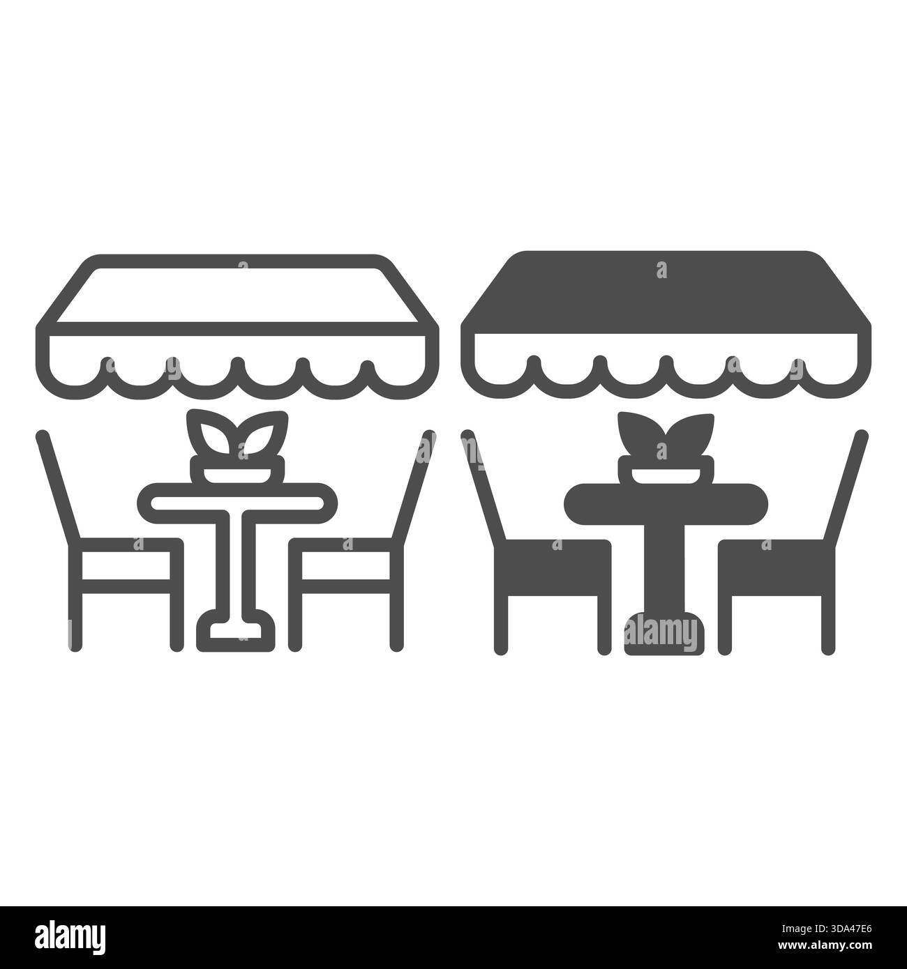 Innenhof-Tisch mit Stühlen und Dachlinie und festem Symbol, Frühjahrskonzept. Vektorgrafiken. Open-Air-Cafeteria, Restaurantschild auf weißem Hintergrund Stock Vektor