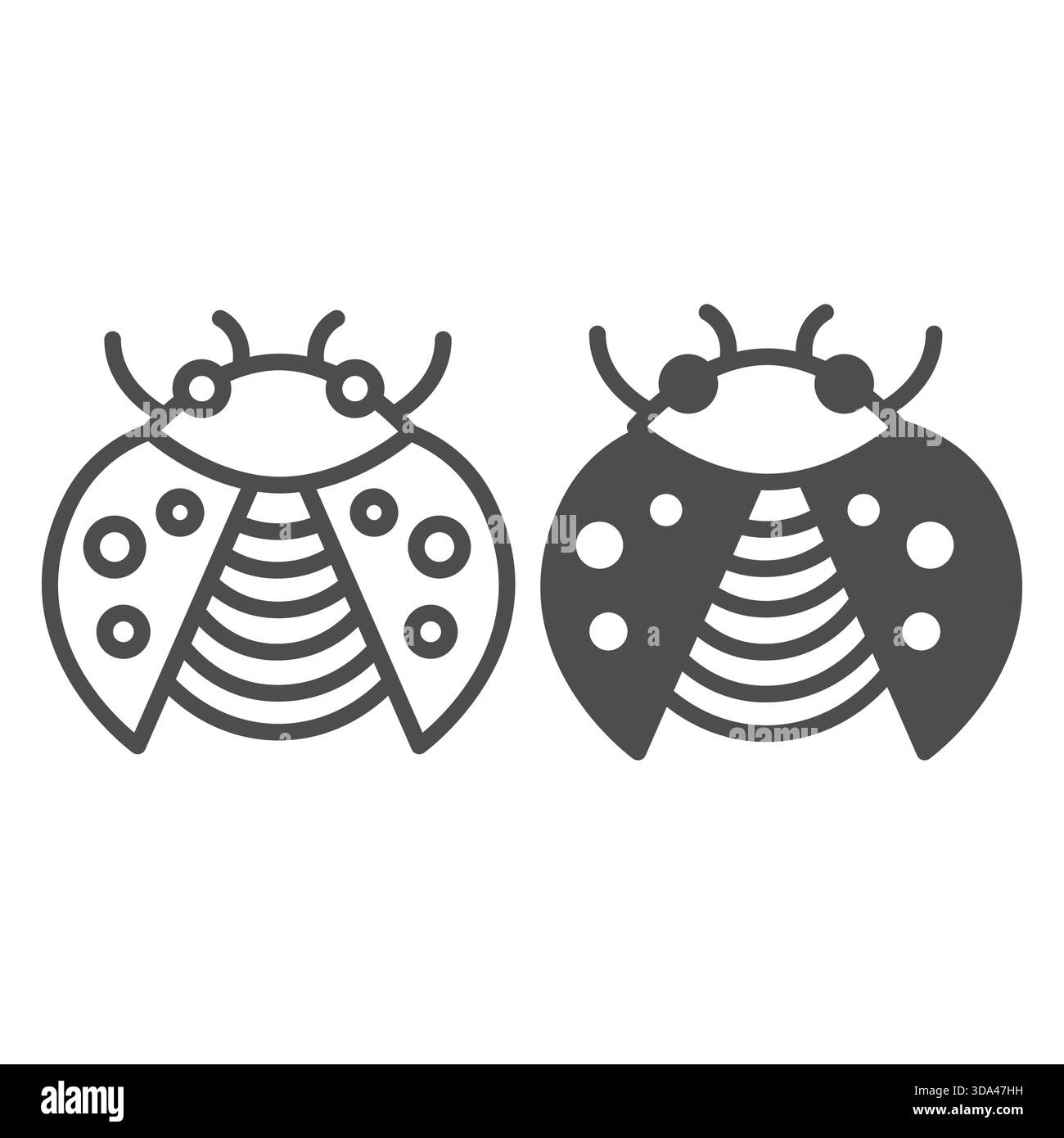 Marienkäfer mit offener Flügellinie und festem Symbol, Frühlingssaison-Konzept. Vektorgrafiken. Fliegende Käfer, Insektenschild auf weißem Hintergrund, Umrissstil Stock Vektor