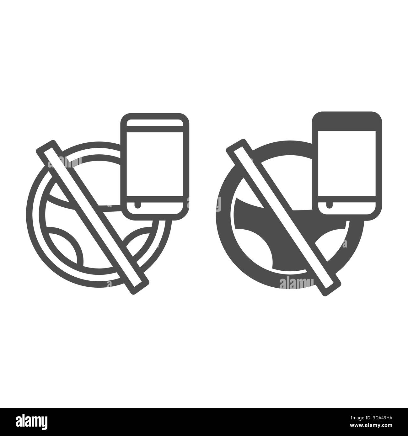 Lenkrad und Smartphone-Linie und durchgehendes Symbol, die Teilnehmer erlauben das Konzept. Vektorgrafiken. Verbot des Telefongesprächs, Fahrschild auf weißem Hintergrund Stock Vektor