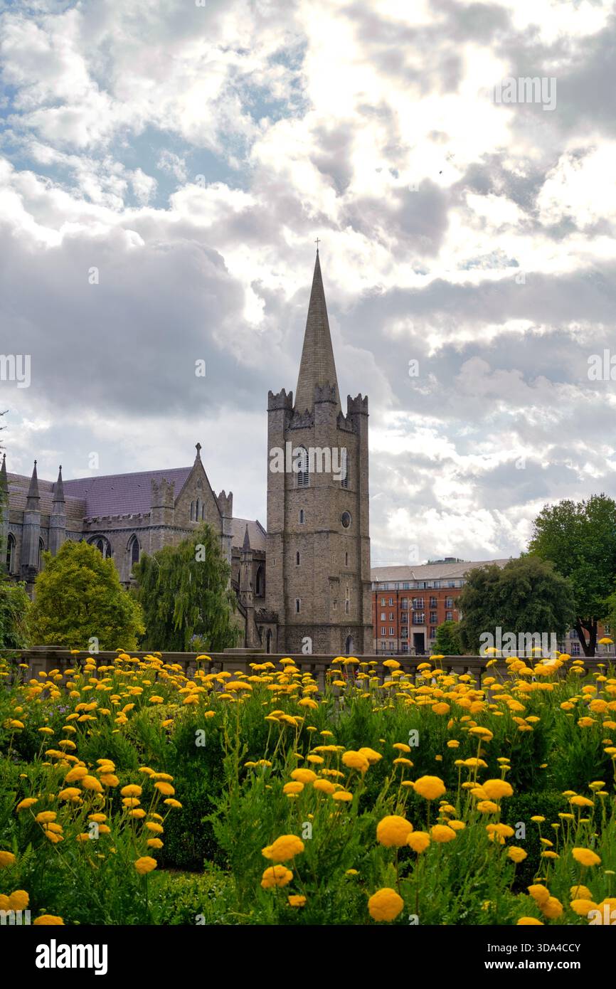 Blick auf eine historische Kathedrale in Dublin, Irland, eingerahmt von leuchtenden Blumen und einem bewölkten Himmel. Dublin, Irland, 8. 08. 2025 Stockfoto