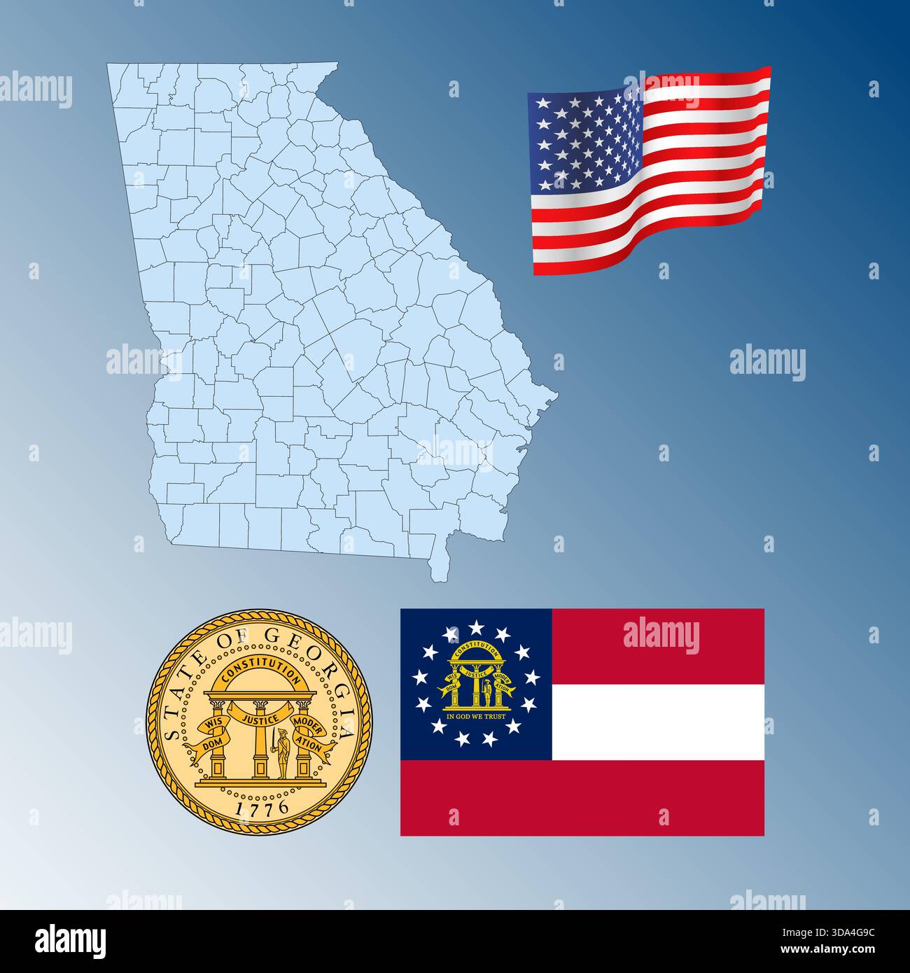 Georgia US Bundesstaat schwenkt Flagge, Siegel und Karte, Vereinigte Staaten, Vektor-Illustration Stock Vektor