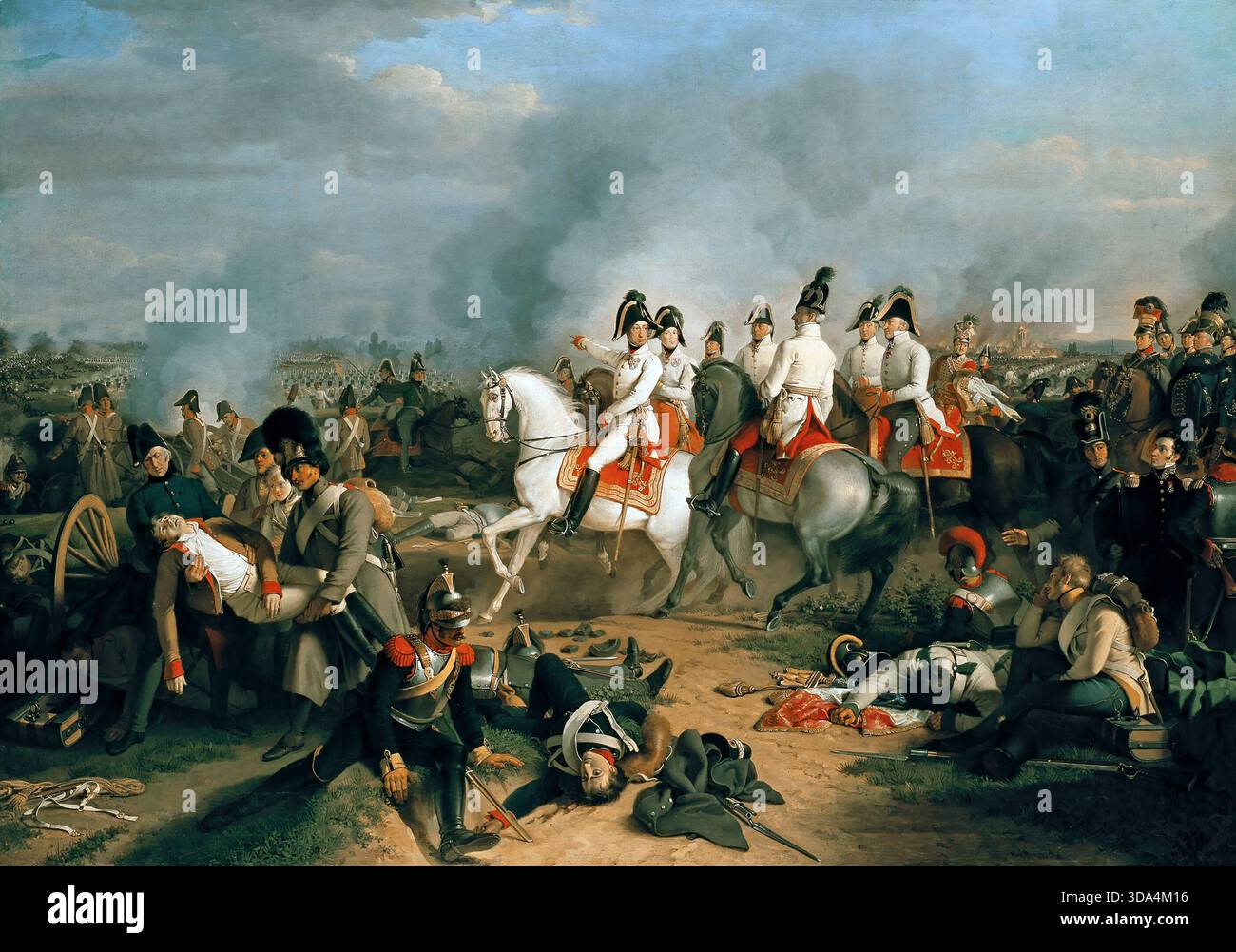 Erzherzog Karl, Herzog von Teschen, mit seinem Stab in der Schlacht bei Aspern-Essling, 1809 (von Johann Peter Krafft, 1820) Schlacht bei Aspern-Essling Teil des Krieges der Fünften Koalition. Stockfoto