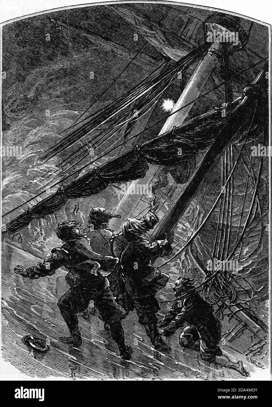 Sea Venture war ein englisches Segelschiff aus dem 17. Jahrhundert. Während des Sturms war das Feuer von St. Elmo auf den Masten von Sea Venture sichtbar Stockfoto