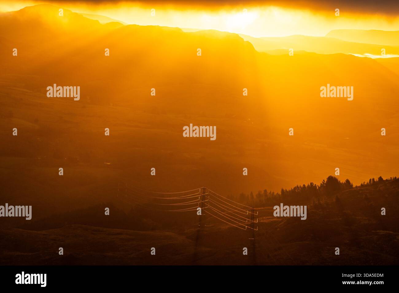 Sonnenaufgang über Hügel mit Stromleitungen in warmem goldenem Licht Stockfoto