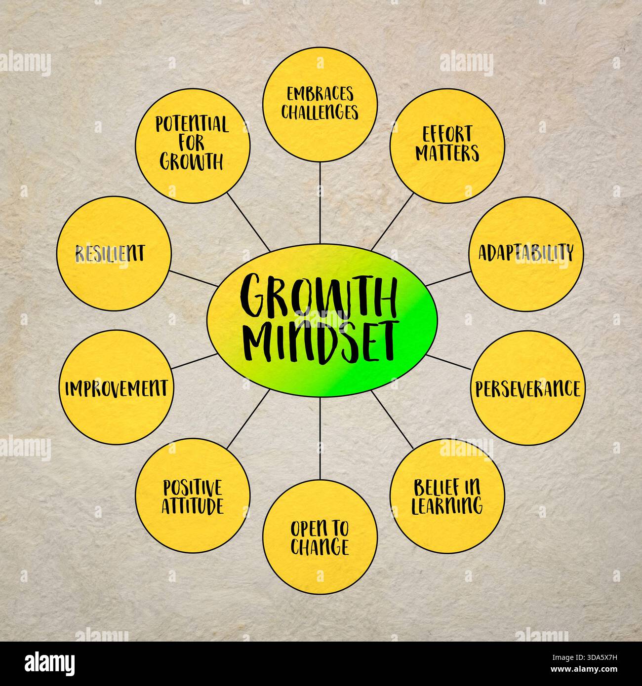 Infografiken zur Wachstumseinstellung oder Mindmap-Diagramm, positive Einstellung, Lernen und Wachstumspotenzial Stockfoto