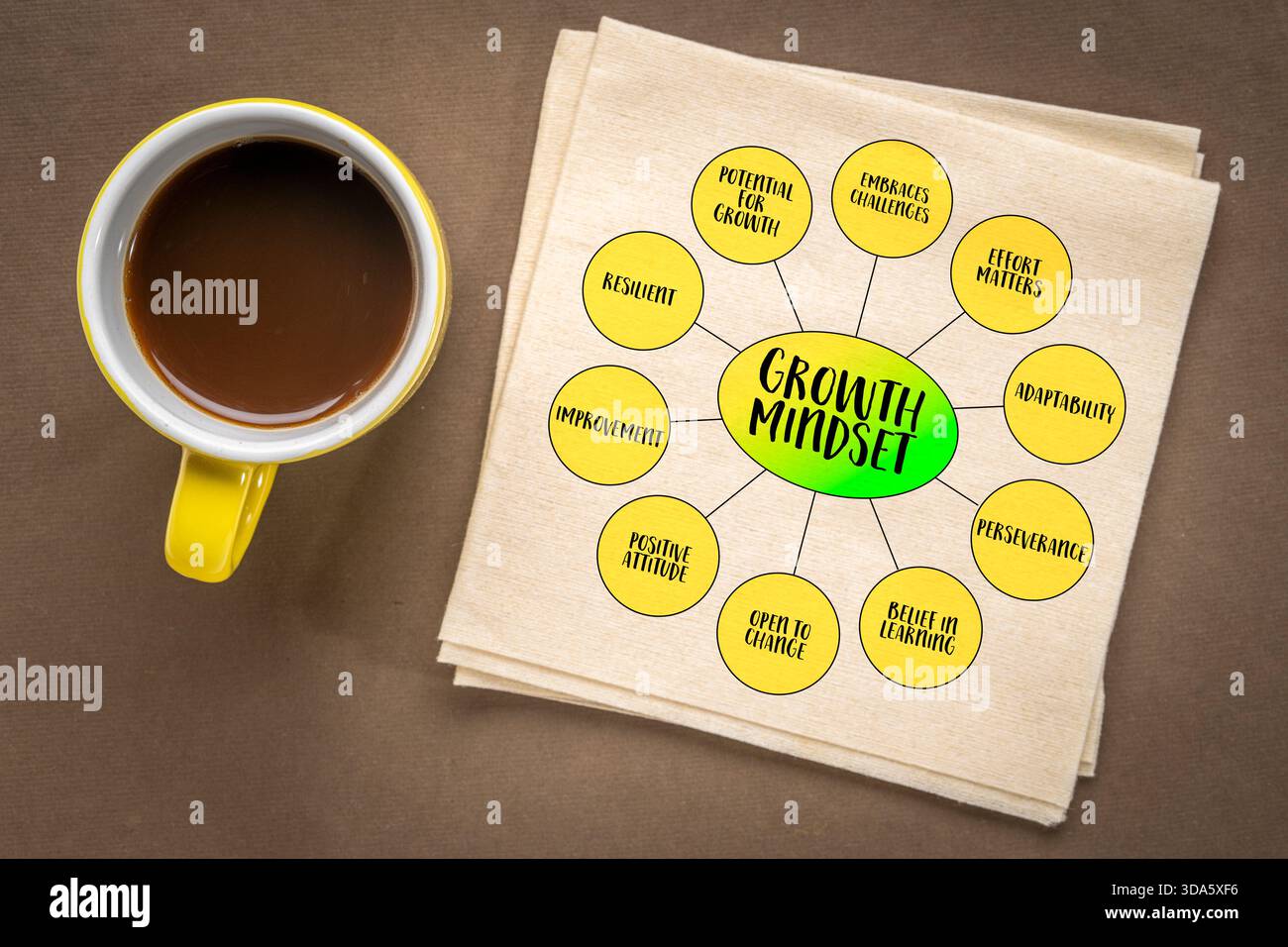 Infografiken zur Wachstumseinstellung oder Mindmap-Diagramm, positive Einstellung, Lernen und Wachstumspotenzial Stockfoto