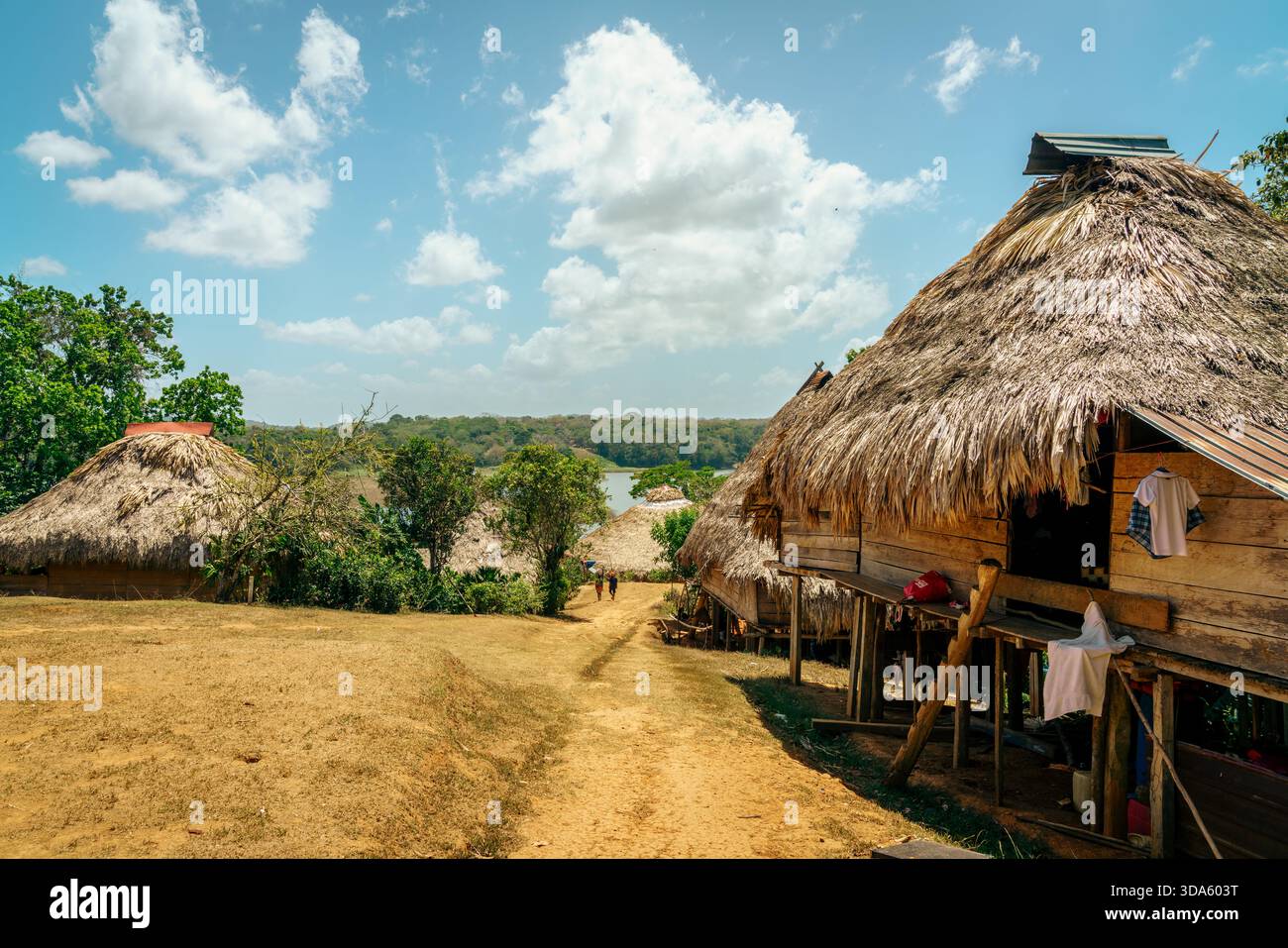 Zentrale Straße und Häuser eines traditionellen Embera-Dorfes in Zentral-Panama Stockfoto