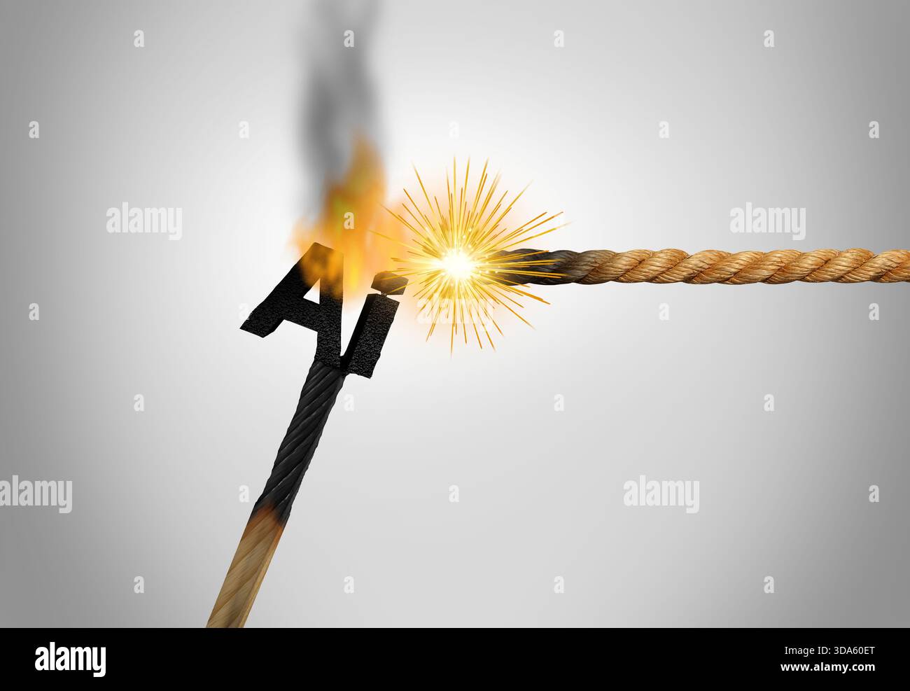 Ein brennendes Match in Form eines KI-Symbols symbolisiert die explosiven Risiken ethische Herausforderungen und die disruptive Kraft künstlicher Intelligenz, die ra auslöst Stockfoto