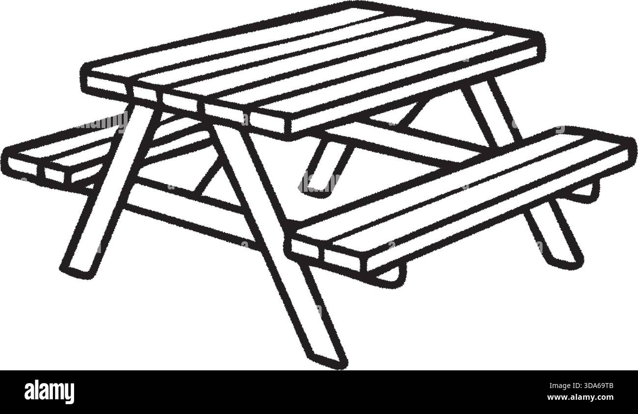 Klassischer hölzerner Picknicktisch mit angeschlossenen Bankplätzen und lamellierten Oberflächen, im kräftigen schwarz-weißen Umrissstil gezeichnet. Stock Vektor