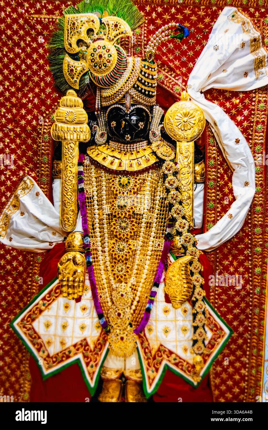 Nahaufnahme einer aufwendig verzierten dwarkadhischen Statue des hinduistischen Gottes in goldener Kleidung Stockfoto
