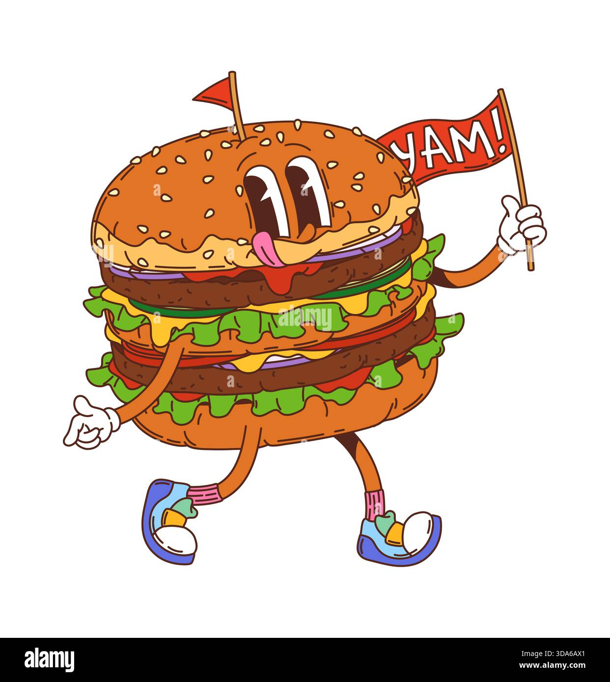 Cartoon-groovige Hippie-Burger-Figur mit fröhlichem y2k-Retro-Vibe, die eine Flagge mit der Aufschrift Yam hält. Vektor süßes und funky Comic Fast Food y2k Maskottchen, Beefburger mit ausdrucksstarkem Gesicht Stock Vektor