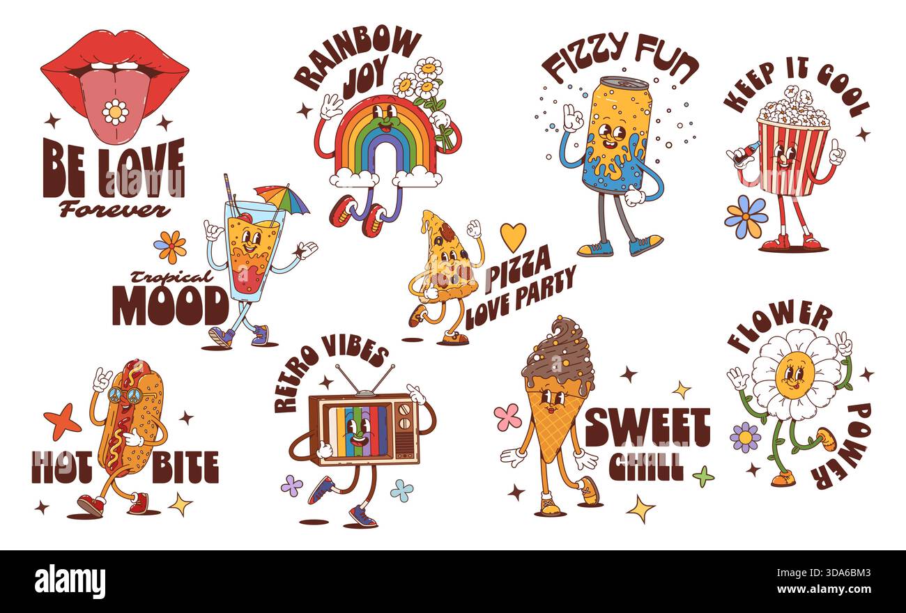 Y2K groovige Aufkleber mit Soda Dose, Hot Dog, Pizza, lustiges Popcorn, Eis, Happy Rainbow, Cocktail, Gänseblümchen, Lippen und tv-Charaktere. Hippie-Patches im Retro-Zeichentrick mit Vintage-Vibes der 70er Jahre Stock Vektor