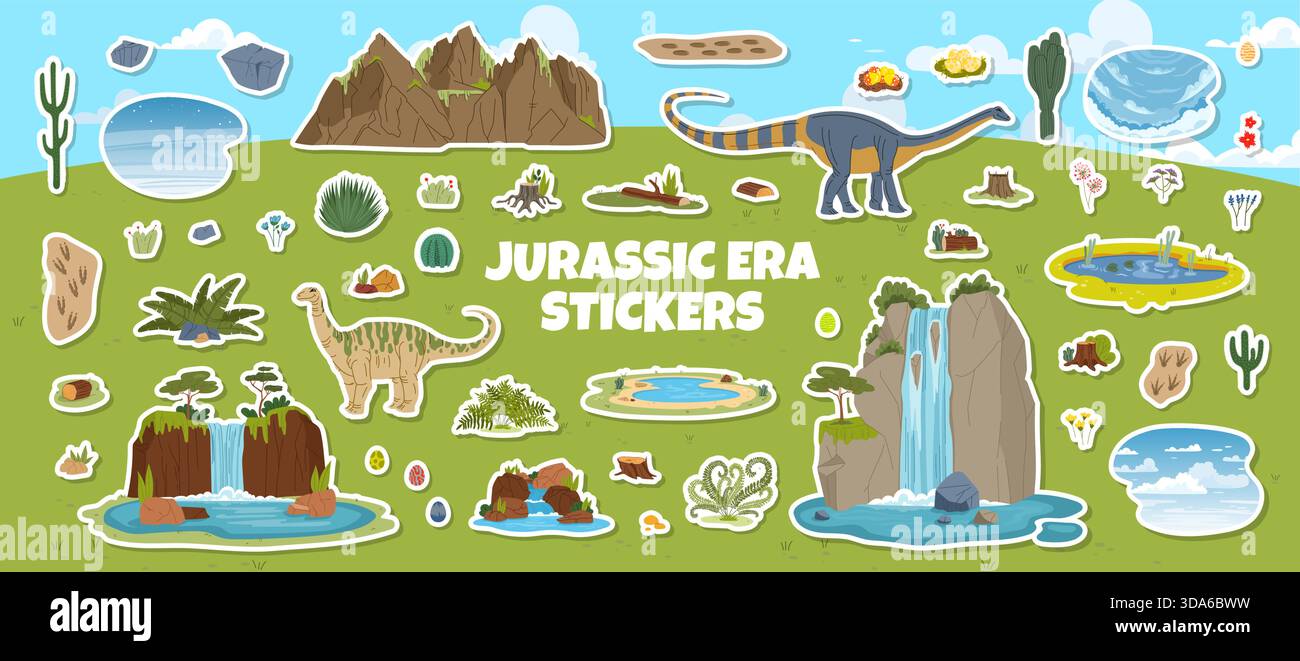 Prähistorische Dinosaurier Aufkleber Pack mit Dinos, üppigem Grün, vulkanischen Felsen, Wasserfällen, Bergen, Teiche, Bäume, Farne und Dinosauriereier. Cartoon-Vektor-Aufkleber mit Vulcanodon für Schule und Spiel Stock Vektor
