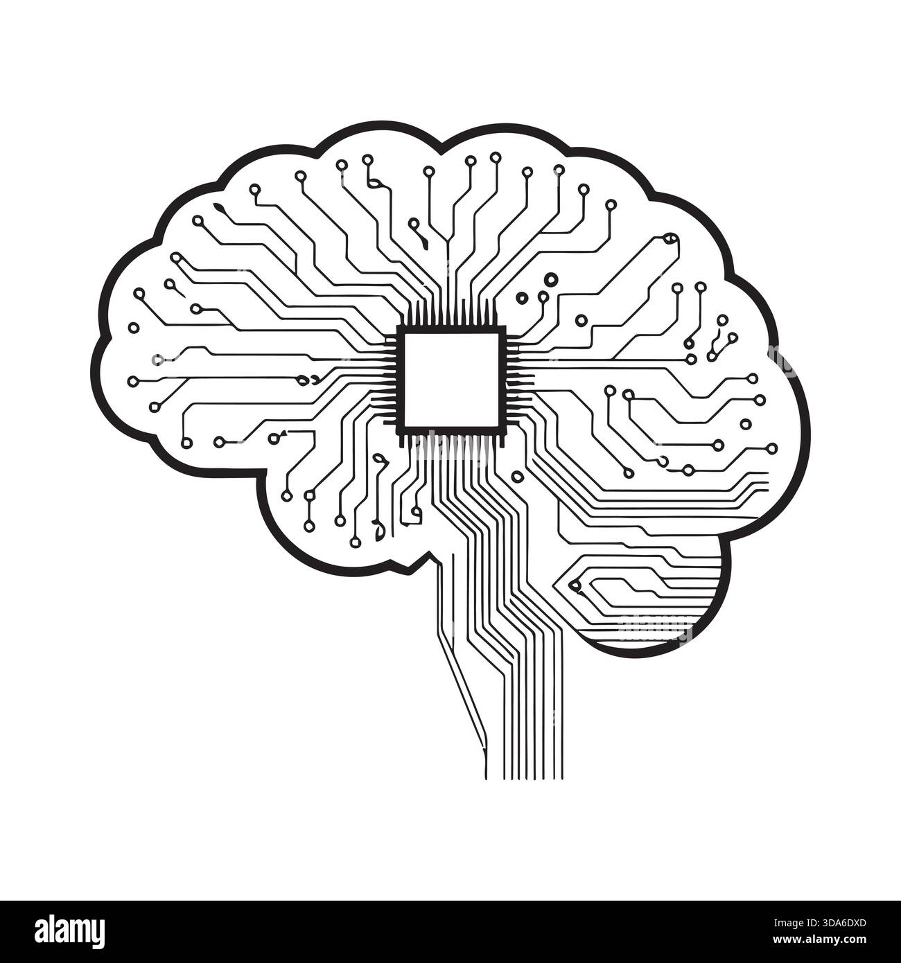 Stilisierte Silhouette eines menschlichen Gehirns, integriert mit Schaltungen und Mikrochips, die künstliche Intelligenz darstellen Stock Vektor