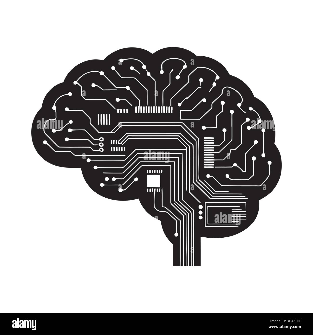 Stilisierte Silhouette eines menschlichen Gehirns, integriert mit Schaltungen und Mikrochips, die künstliche Intelligenz darstellen Stock Vektor
