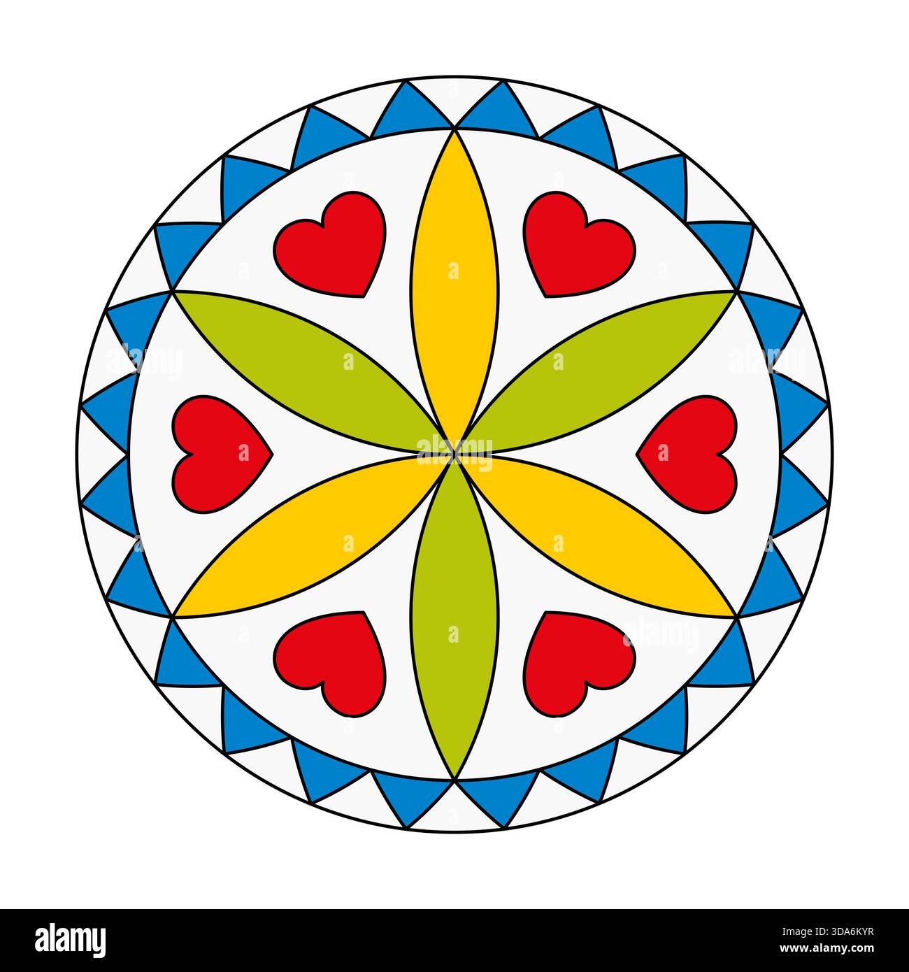 Hexadezimalzeichen, das Liebe und Glück bringen soll. Pennsylvania, niederländische Volkskunst aus dem 19. Jahrhundert. Ein Hexafoil und sechs Blütenblätter Rosette umgeben von sechs Herzen. Stockfoto