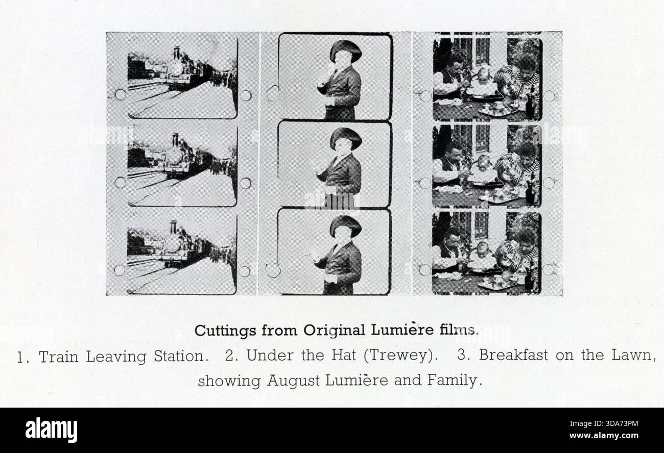 Filmrahmen aus Original LUMIERE Films Train Leaving Station, Under the hat (Trewey) und Breakfast on the Lawn mit August Lumiere und Familie reproduziert im Programm zur Feier, an dem Monsieur LOUIS LUMIERE am 20. Februar 1936 im Polytechnic, Regent Street London, teilnahm, anlässlich des 40. Jahrestages der ersten Ausstellung von bewegten Bildern am 20. Februar 1896 Stockfoto