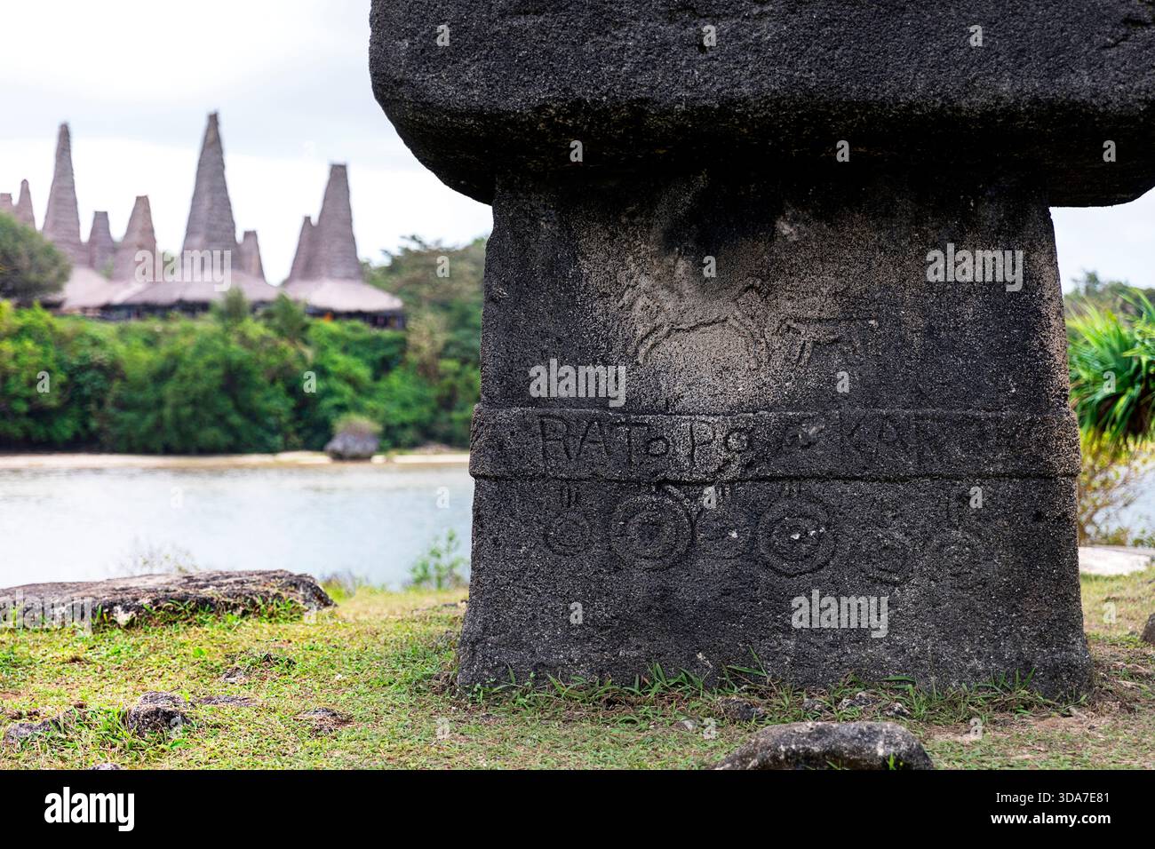 Ein aufwendig behauenes steinernes megalithisches Grab mit den traditionellen hochgiebeligen Häusern des Dorfes Ratenggaro im Hintergrund auf der Insel Sumba, Indonesien. Stockfoto
