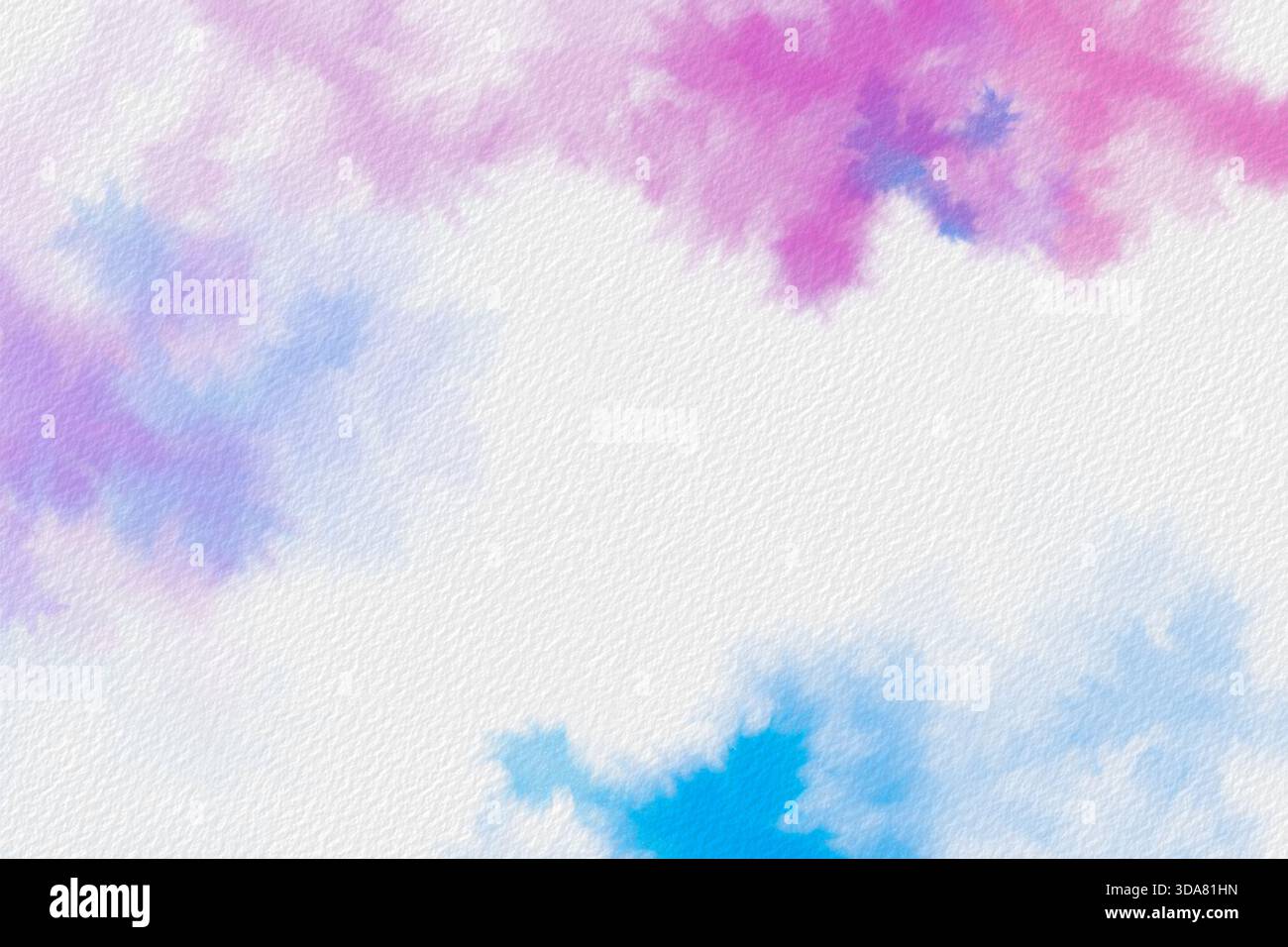 Farbenfrohe Aquarellrandung mit rosa, lila und blauen Spritzern auf strukturiertem Papier, weicher abstrakter Hintergrund Stockfoto