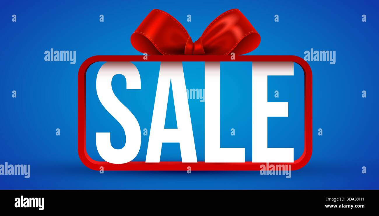 Helles WERBEBANNER mit festlichem rotem Band auf leuchtendem blauem Hintergrund, ideal für Sonderangebote und Aktionen. Vektorabbildung Stock Vektor
