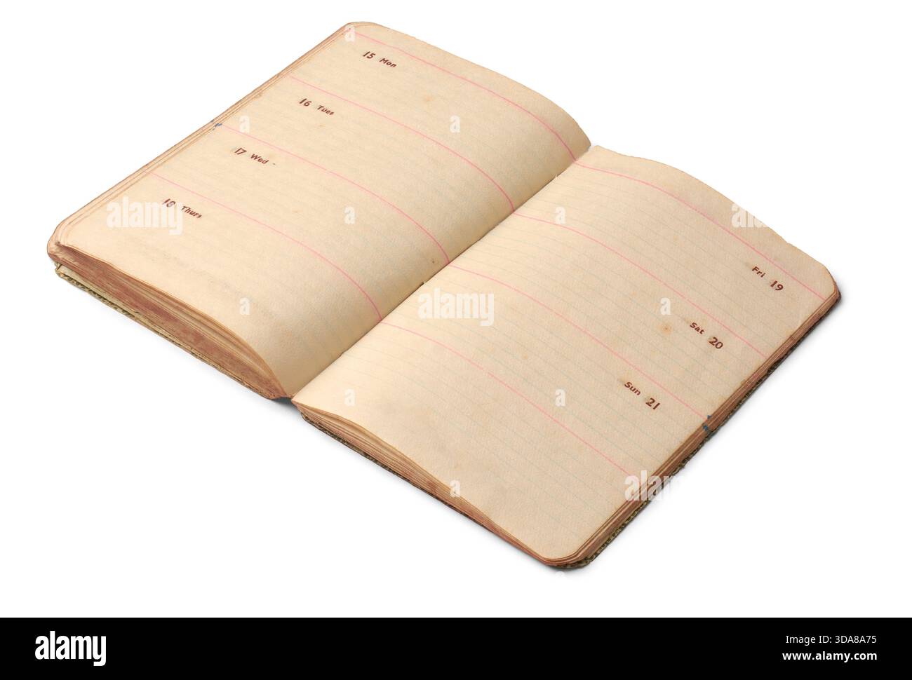 Offener Vintage-Planer mit gelblichen Seiten, wöchentlichem Zeitplan-Layout isoliertem weißem Hintergrund, antikes Tagebuch mit leerem, liniertem Papier in Nahaufnahme Stockfoto