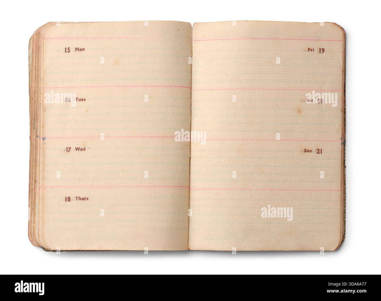 Draufsicht auf offenes antikes Notizbuch mit gelblichen Seiten, wöchentliches Zeitplan-Layout von montag bis sonntag isolierter weißer Hintergrund, Vintage-Schreibwaren Stockfoto