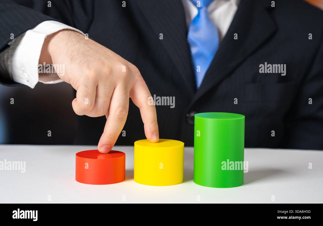 Der Geschäftsmann unternimmt kleine Schritte zur Verbesserung der Geschäftsindikatoren, von klein bis groß. Geschäftswachstum. Unternehmergeist, Planungsleitfäden und DE Stockfoto