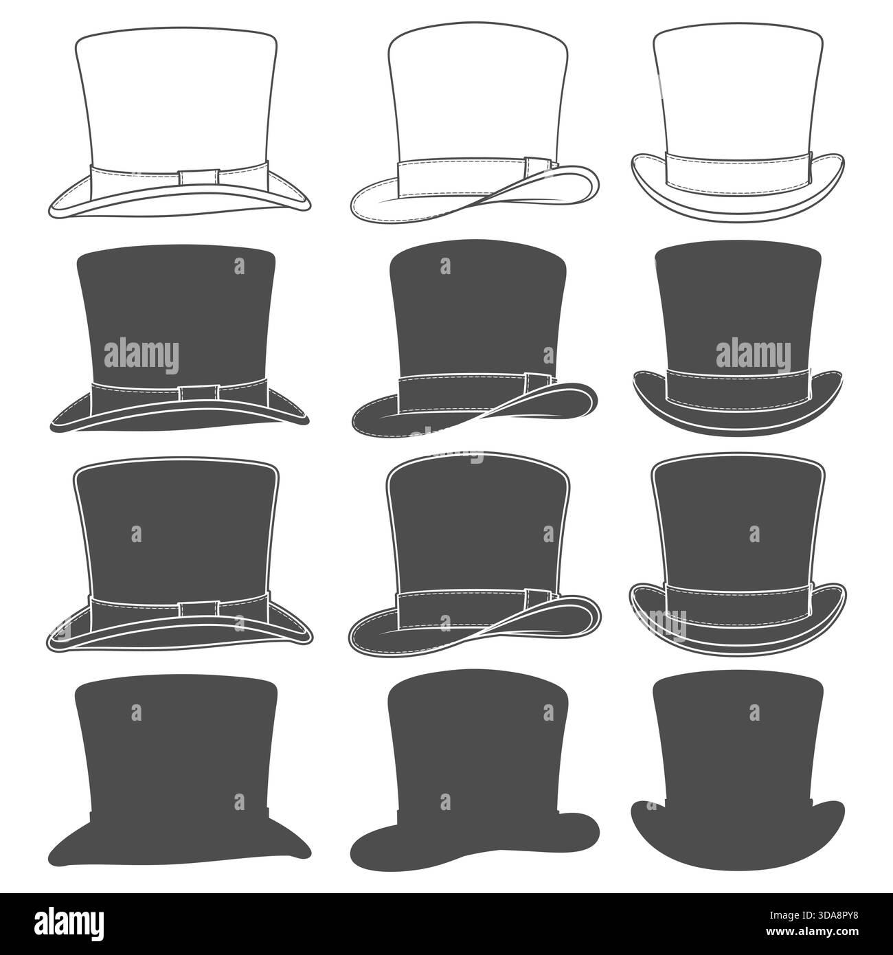 Set aus schwarz-weißen Illustrationen mit klassischem Hut. Isolierte Vektorobjekte auf weißem Hintergrund. Stock Vektor