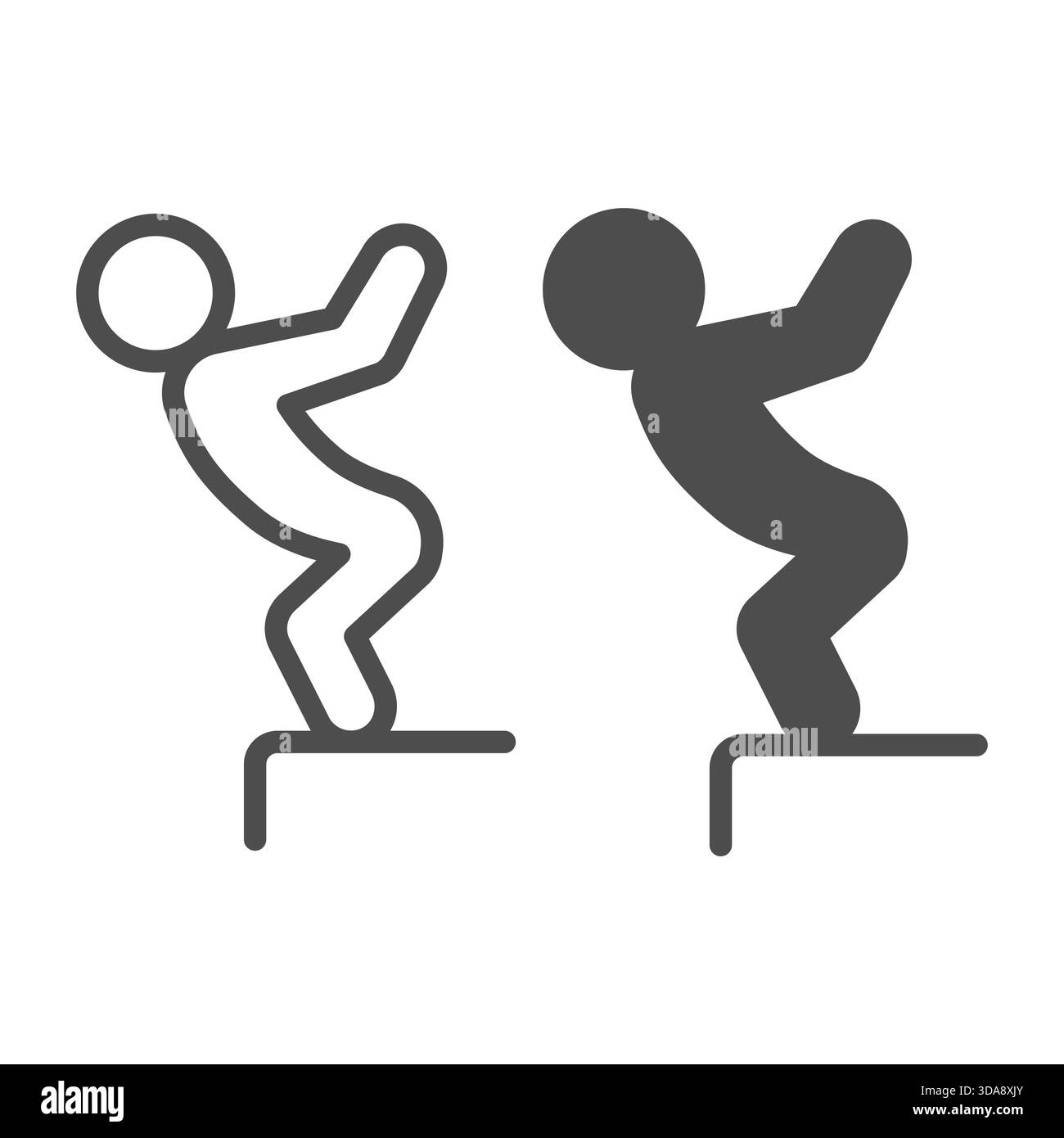 Athlet man an der Pier Line und eine solide Ikone, Sommersportkonzept. Vektorgrafiken. Taucher bereiten sich auf den Sprung vor, Tauchschild auf weißem Hintergrund, Umrisse s Stock Vektor