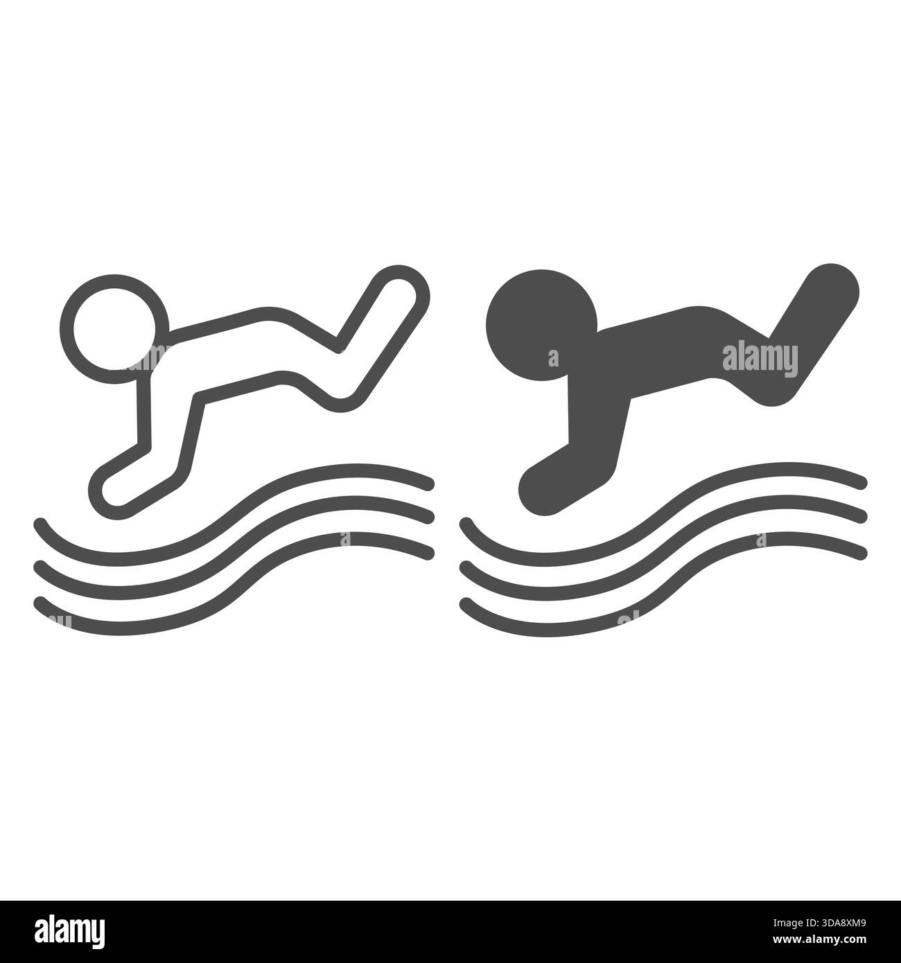 Sprung von Taucher man Line und Solid Icon, Tauchsport Konzept. Vektorgrafiken. Athlet Mann und Wasserwellen, Sportsman Schild auf weißem Hintergrund, Umriss Stock Vektor