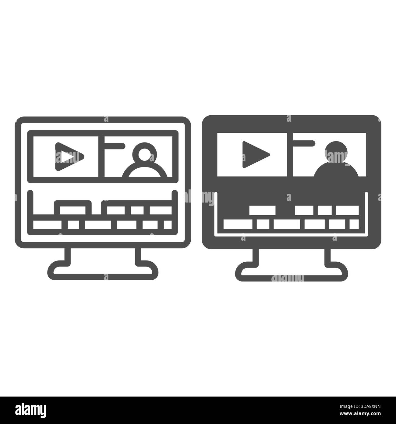 Bildschirm mit Videobearbeitungsprogramm und durchgehendem Symbol, osint Analytics-Konzept. Vektorgrafiken. Monoblock-Computerschild auf weißem Hintergrund, Stock Vektor