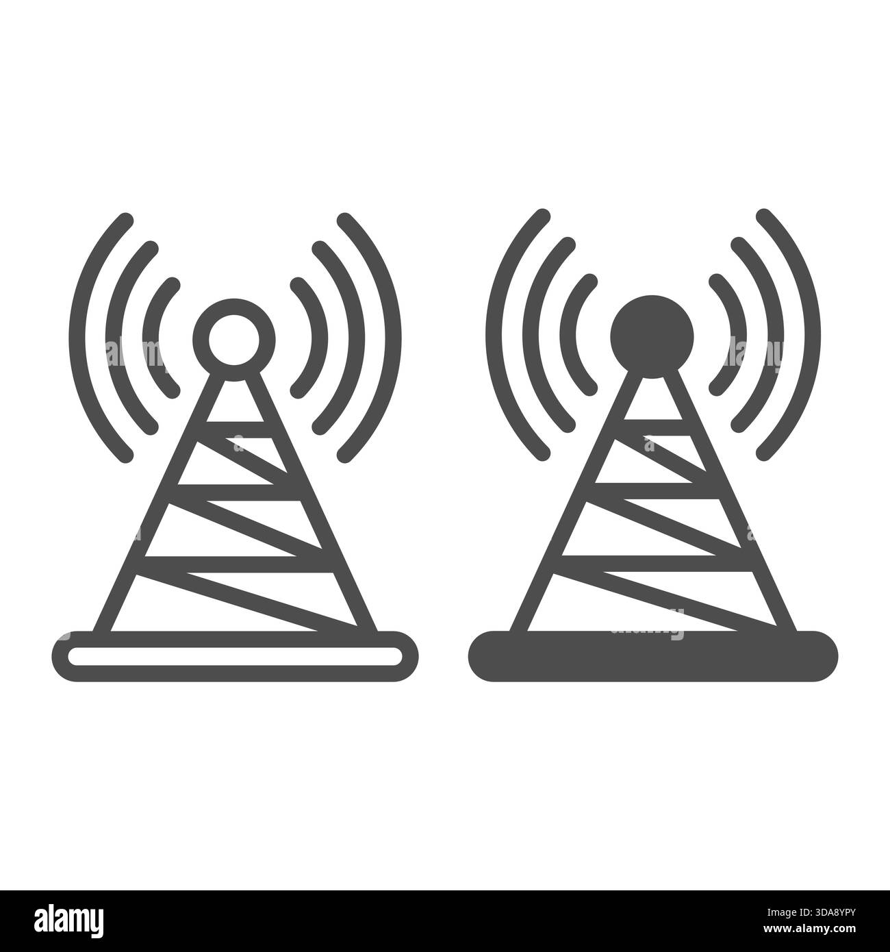 Sendeantenne mit Signalleitung und durchgehendem Symbol, Info-Tech-Konzept. Vektorgrafiken. Fernseh- oder Mobilfunkturm, Abdeckungsschild auf weißem Hintergrund Stock Vektor