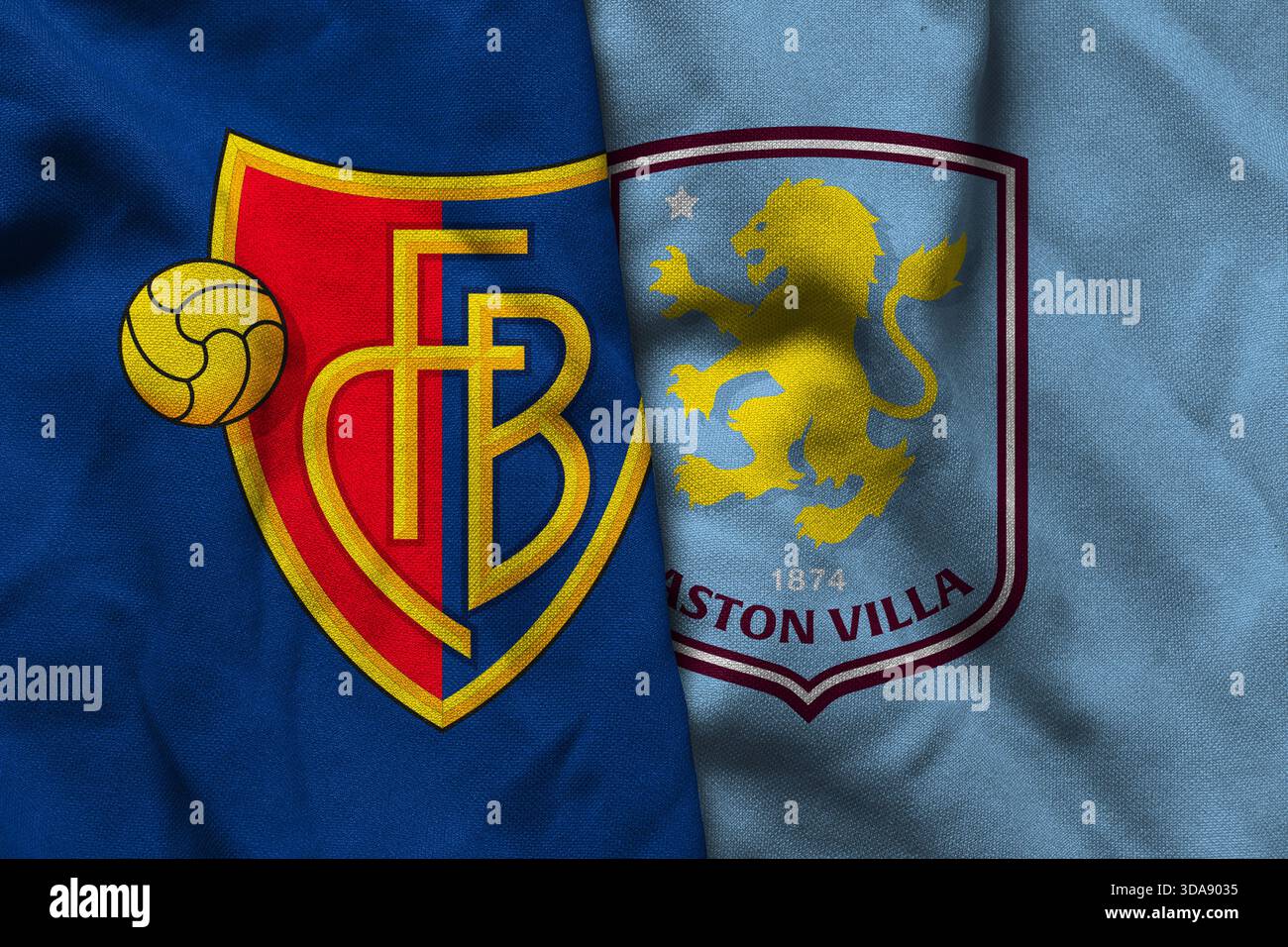 Pringsewu, Lampung; 10. Dezember 2025; Basler Fußballclub-Logo-Textur wellenförmiger Stoff Aston Villa Match uefa Europa League Match Stockfoto