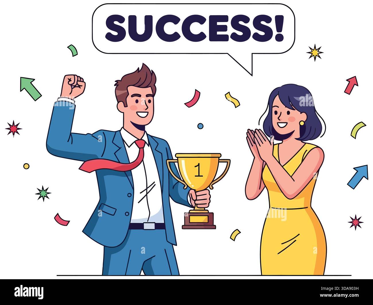 Geschäftsmann feiert den Sieg mit Trophäe und Kollege plus Sprechblase, die sagt, dass Erfolg isoliert ist Stock Vektor