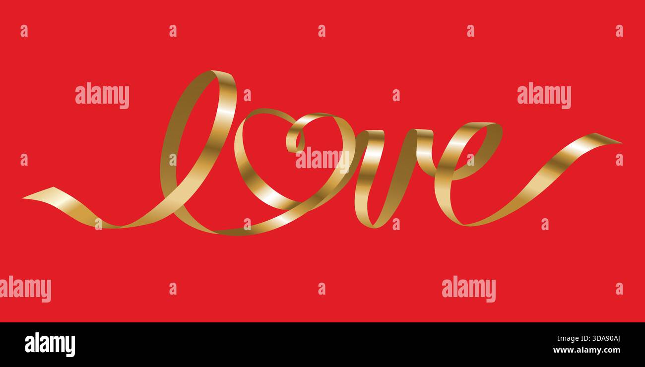 Liebe goldene Schleifenwörter mit Herz zum Valentinstag, Hochzeitsdekor. Vektorillustration auf rotem Hintergrund für Grußkarte, Banner, Geschenkkarte Stock Vektor
