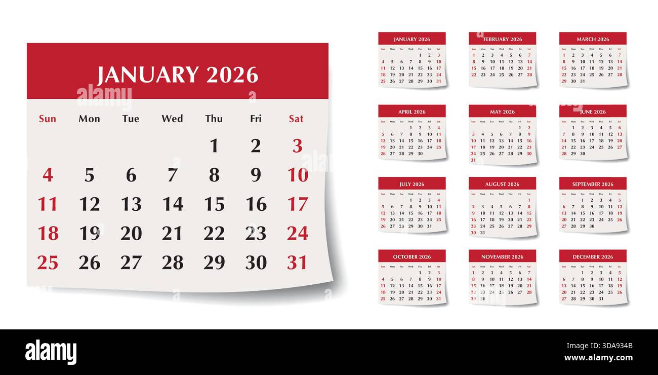 Kalender 2026. Vektorsammlung englischer Monatskalender Seite mit Schatten mit 12 Monaten. Design mit Sonntagsstart Stock Vektor