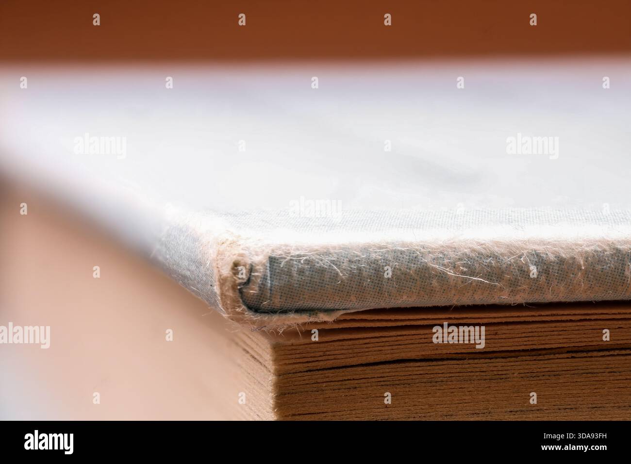 Makronaht einer alten Buchkante mit strukturierten Seiten und abgenutztem Hardcover. Stockfoto