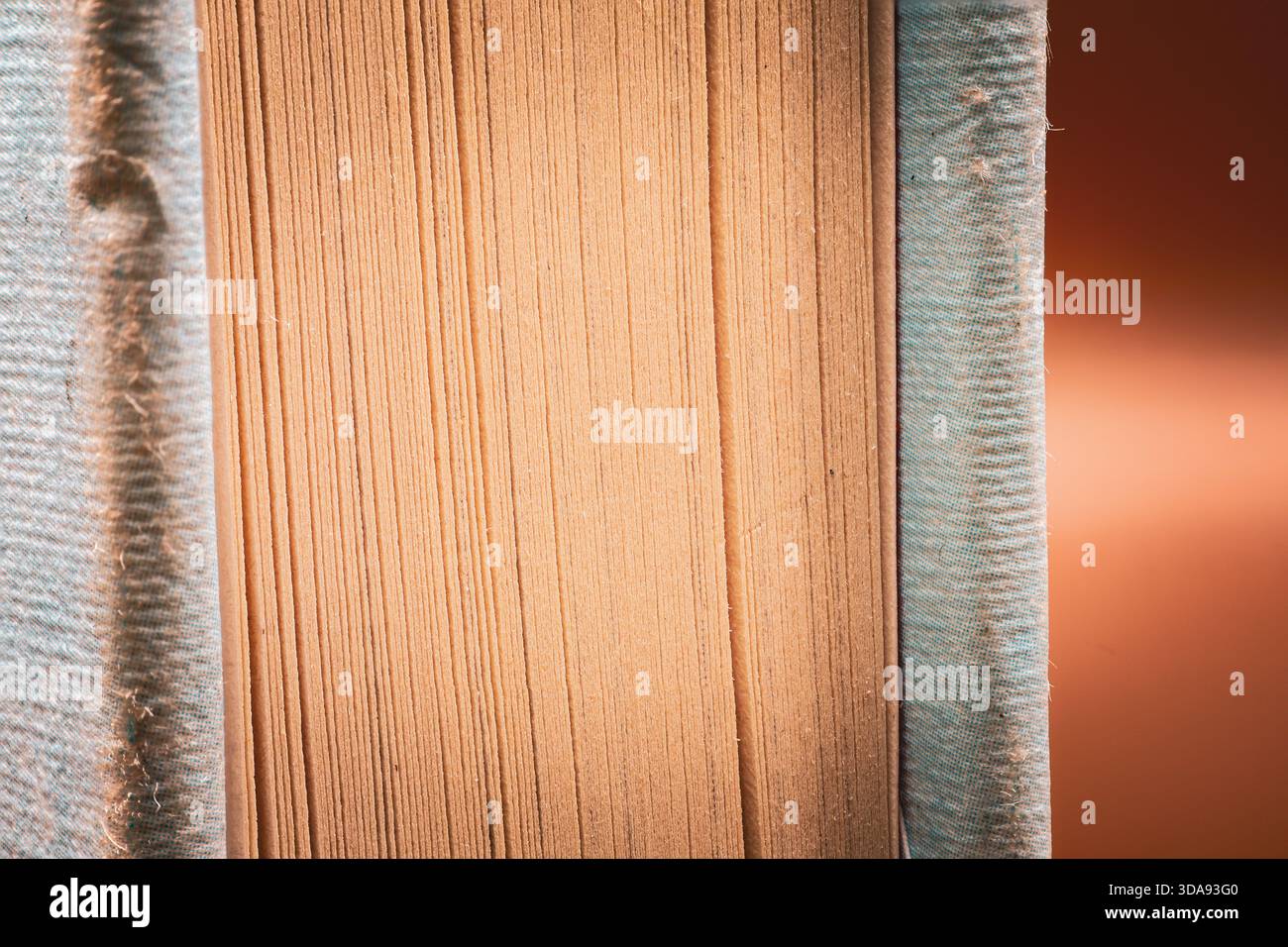 Makronaht einer alten Buchkante mit strukturierten Seiten und abgenutztem Hardcover. Stockfoto