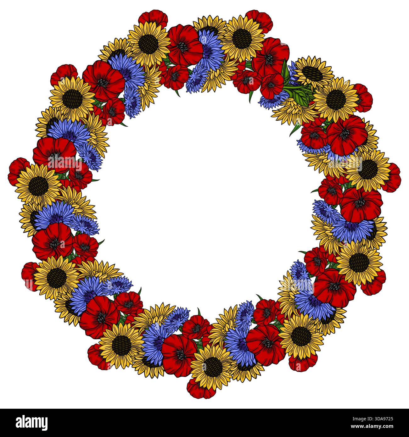 Lebendiger Vektor-Blumenkranz bestehend aus blühenden Sonnenblumen, scharlachfarbenen Mohnblumen und zarten blauen Kornblumen, angeordnet in einem kreisförmigen Rahmen mit einem Witz Stock Vektor