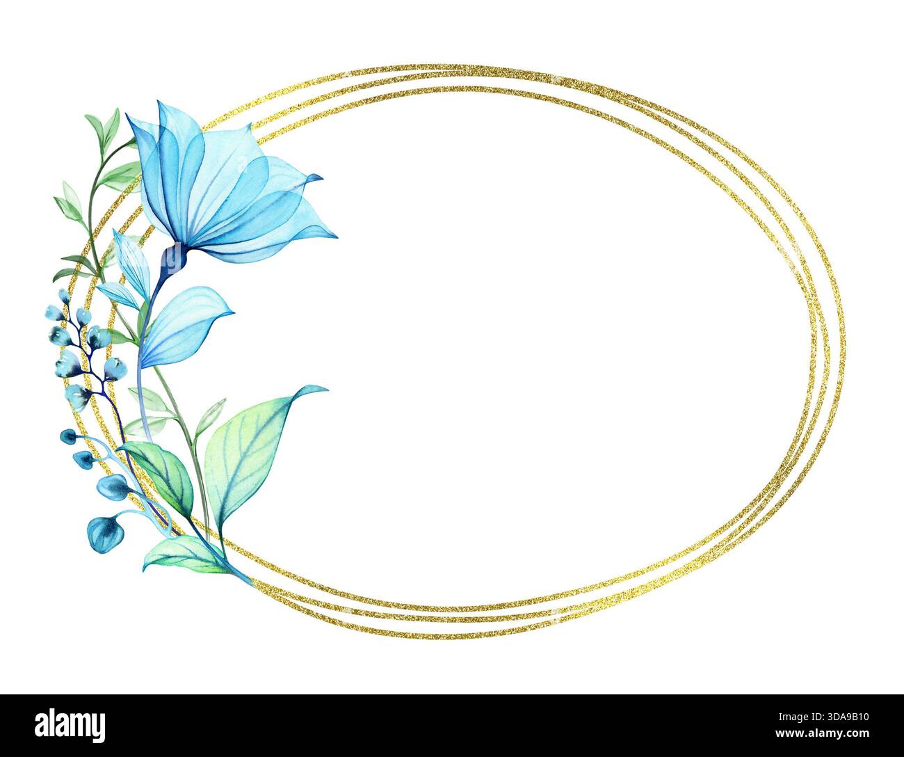Aquarelldurchsichtige Blumen mit goldenem Glitzerrahmen. Elegante horizontale Kartenschablone mit blauen Blumen und ovaler Folie. Platz für Text. Botanik Stockfoto