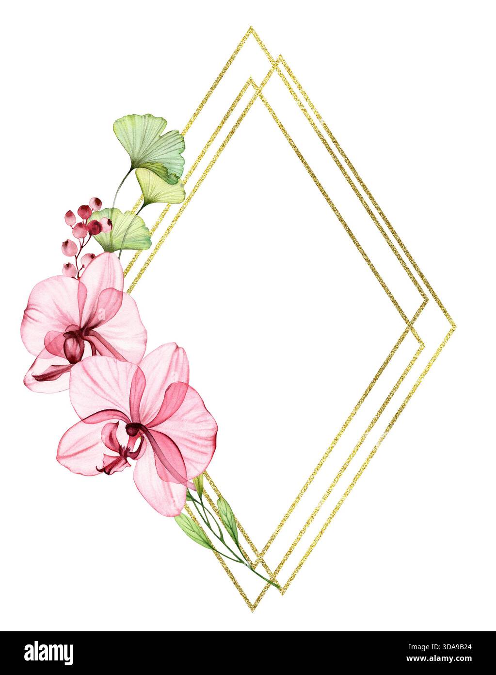 Transparente Orchideen mit goldenem Rahmen. Elegante vertikale Kartenschablone mit rosa Blüten und Glitzerfolie. Platz für Text. Kartenvorlage Stockfoto