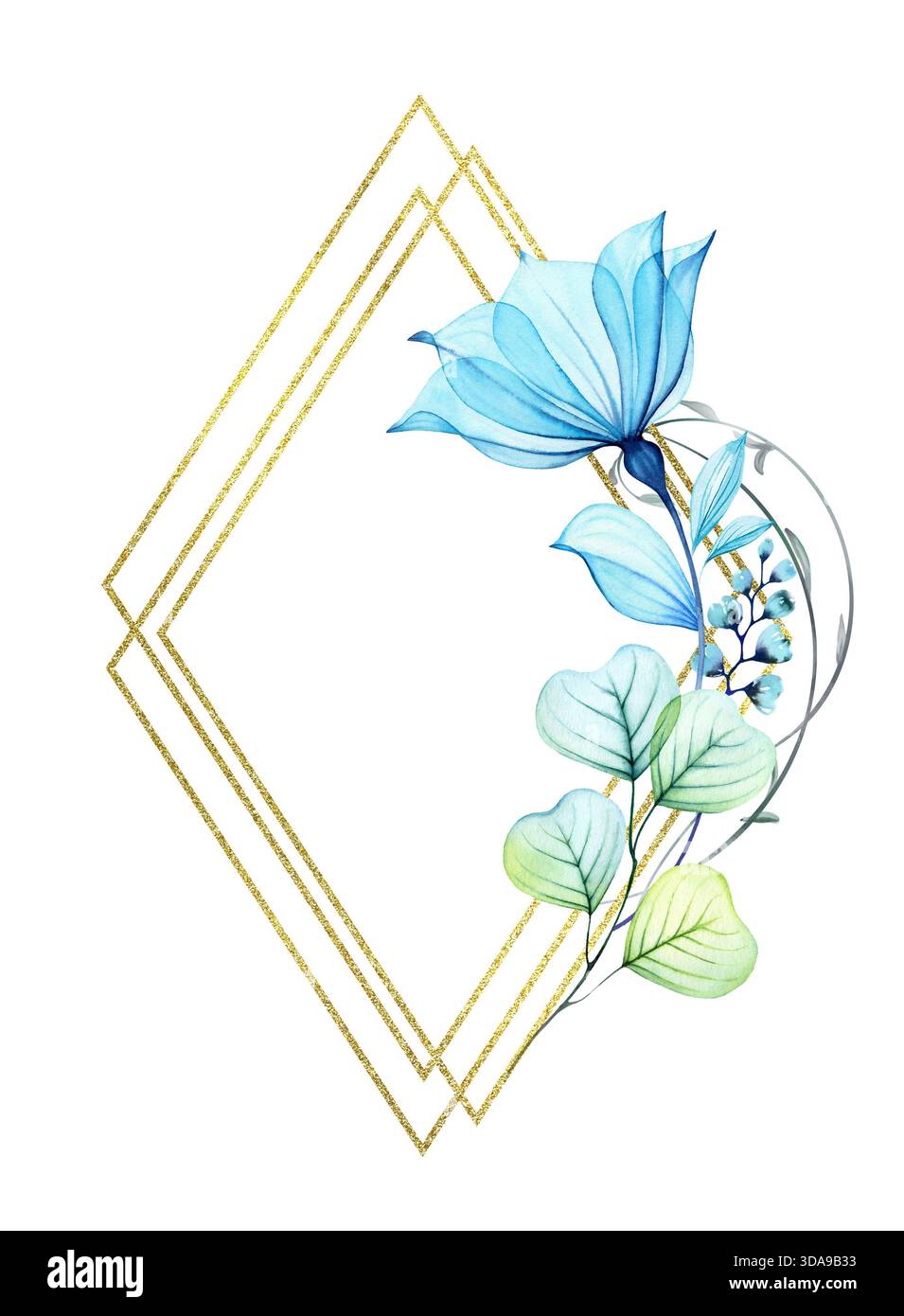 Aquarelldurchsichtige Blumen mit goldenem Glitzerrahmen. Elegante vertikale Kartenschablone mit blauen Blumen und Glitzerfolie. Platz für Text. Botanik Stockfoto