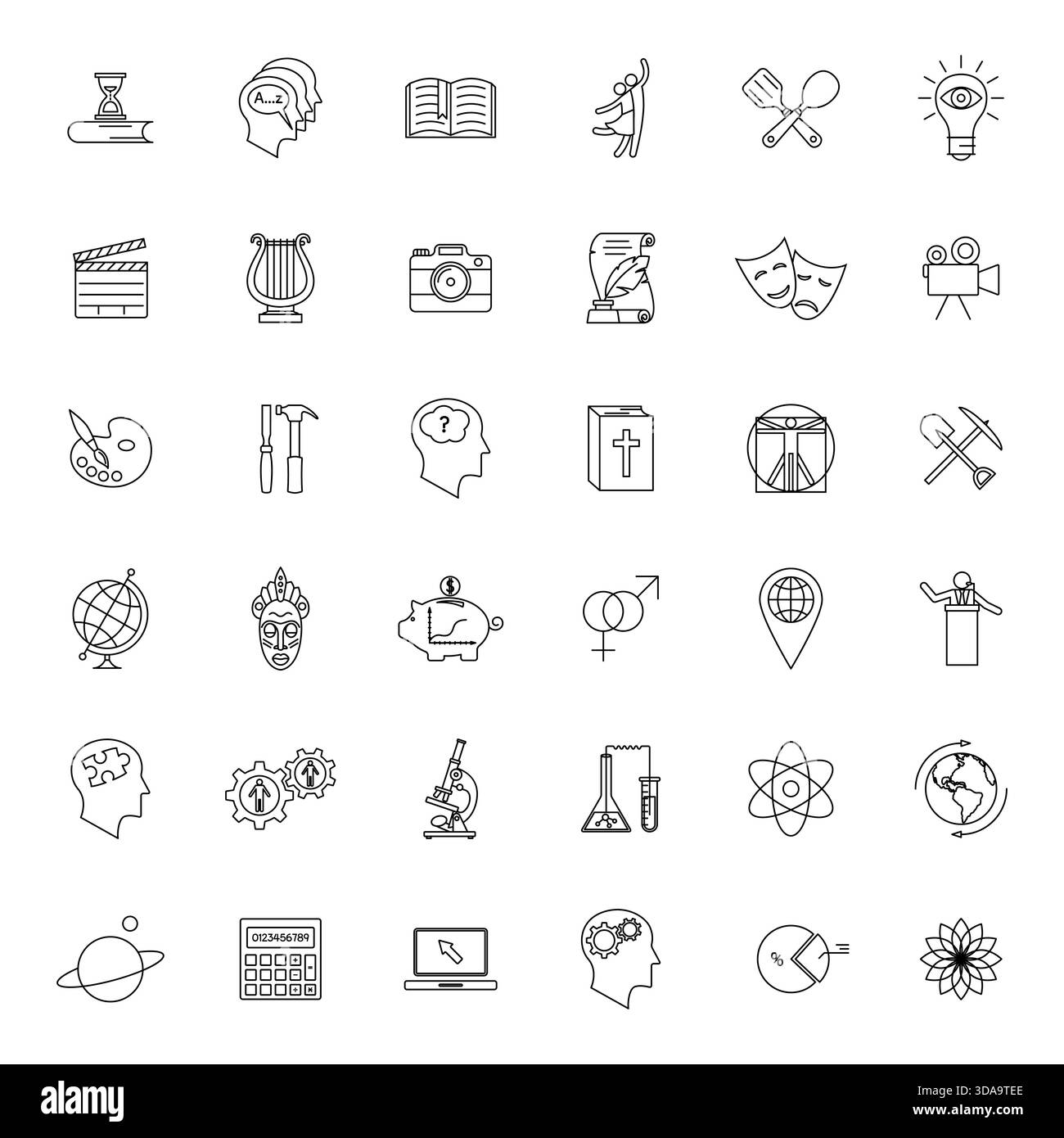 Zeilensymbole Für Akademische Disziplinen. Symbole für akademische Disziplinen, Symbole für Bildungslinien für Schule, Hochschule und Universität, Wissenschaft und Stock Vektor