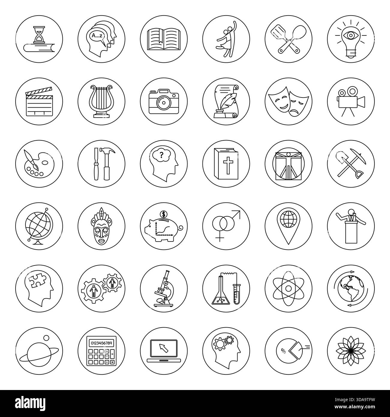 Zeilensymbole Für Akademische Disziplinen. Symbole für akademische Disziplinen, Symbole für Bildungslinien für Schule, Hochschule und Universität, Wissenschaft und Stock Vektor