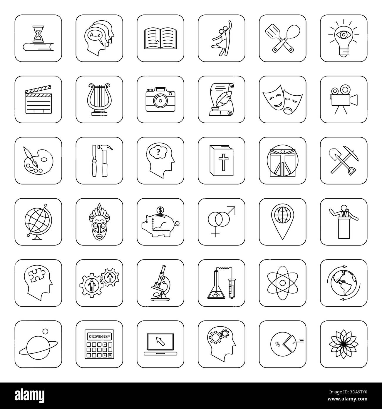 Zeilensymbole Für Akademische Disziplinen. Symbole für akademische Disziplinen, Symbole für Bildungslinien für Schule, Hochschule und Universität, Wissenschaft und Stock Vektor