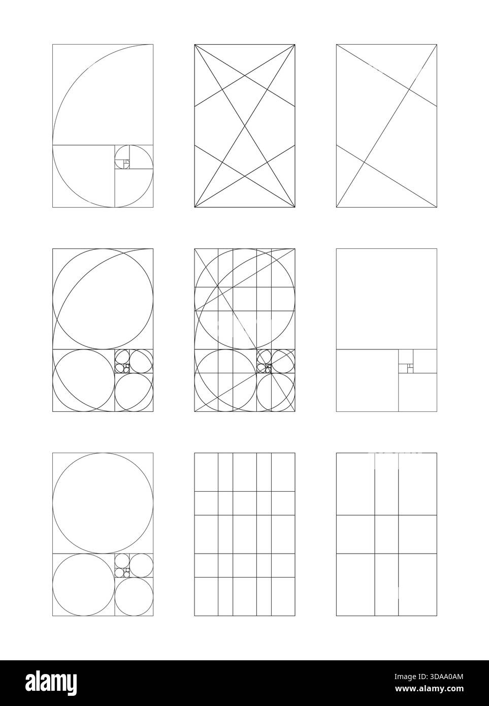 Golden Ratio Vorlagensammlung. Fibonacci-Array, Zahlen. Methode Golden Section flache Symbole. Satz von Harmony Proportionen Rahmen isoliert auf einem weiß Stock Vektor