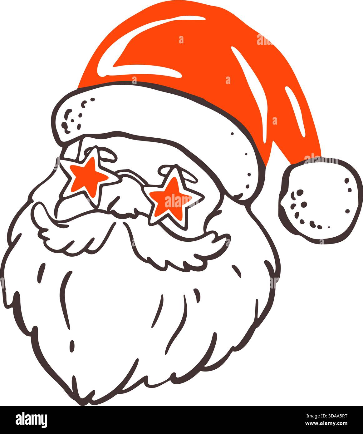 Funkiger Weihnachtsmann-Kopf mit Sternsonnenbrille und rotem Hut. Disco Weihnachtsfigur Illustration für Partykarten, skurrile Urlaubsposter und festliche Winter c Stock Vektor