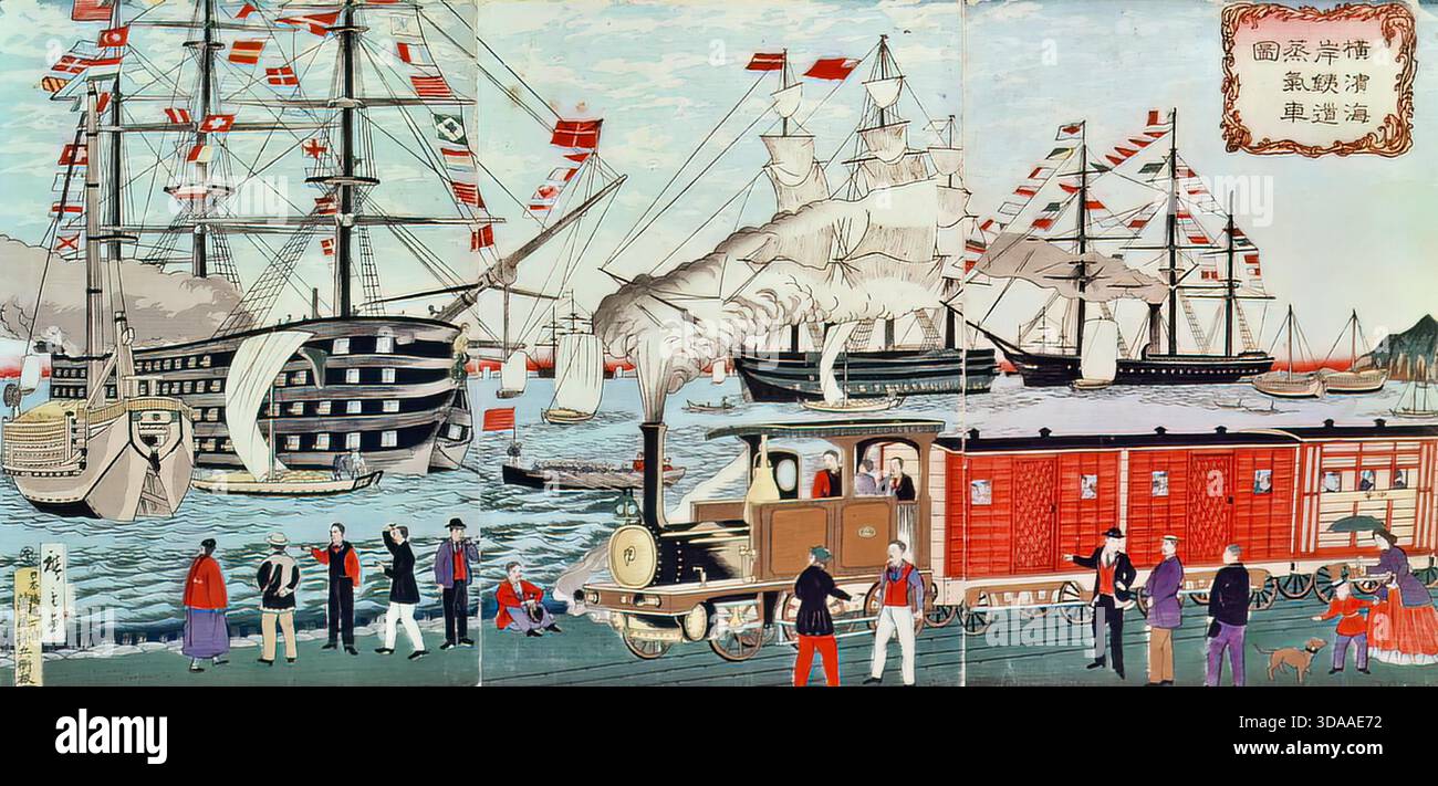 Utagawa Hiroshige, Perrys Railway Gift to Japan, 1853, historische Szene Stock Vektor