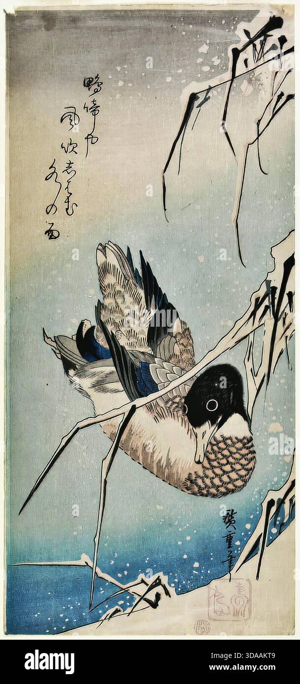 Utagawa Hiroshige, Duck and Snowy Reeds, 1830er Jahre, Winter kach-e Stock Vektor