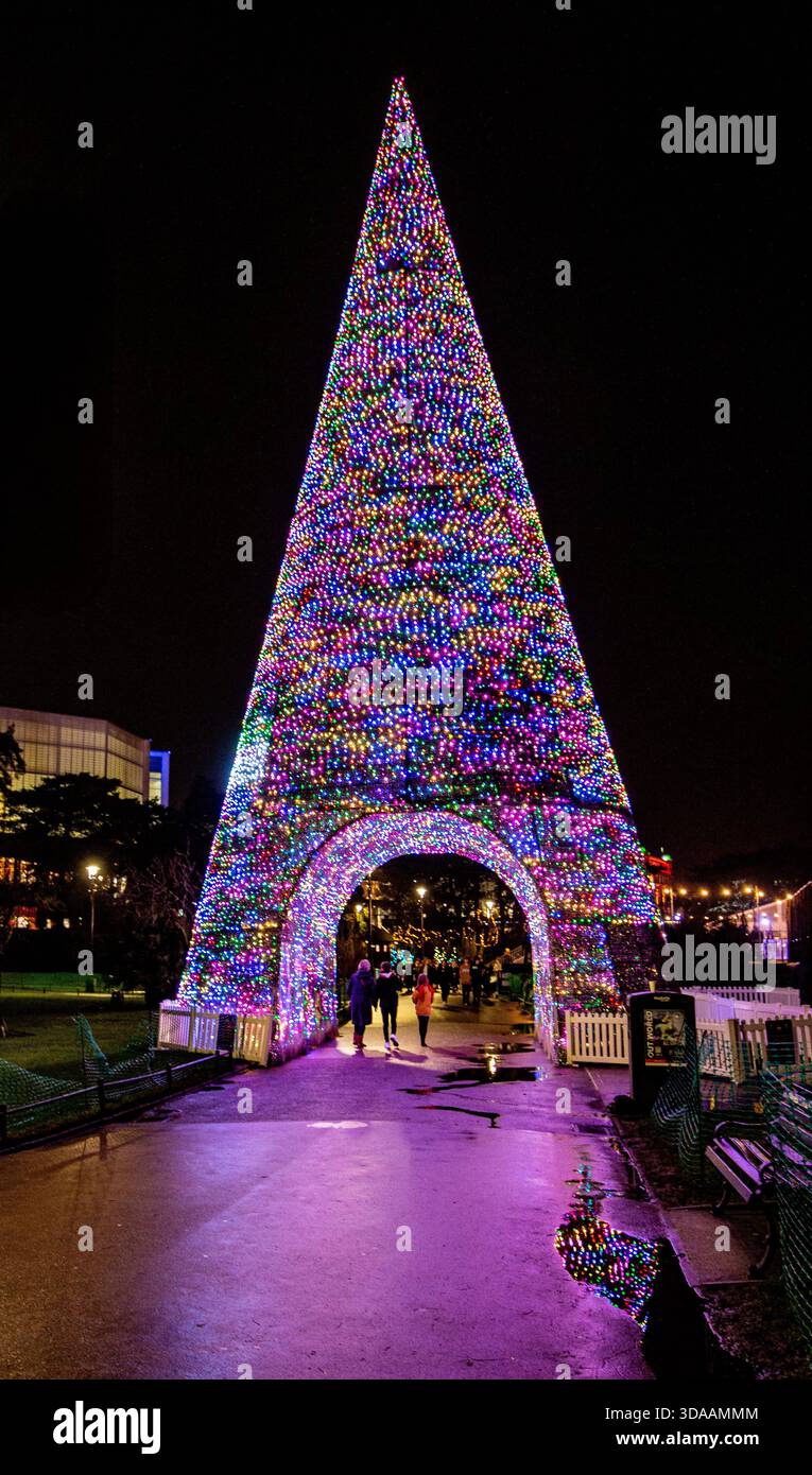 Während einer Feiertagsfeier in Bournemouth, Großbritannien, Dezember 2022, laufen die Menschen unter einem großen, beleuchteten Bogen in Form eines Weihnachtsbaums mit bunten Lichtern Stockfoto